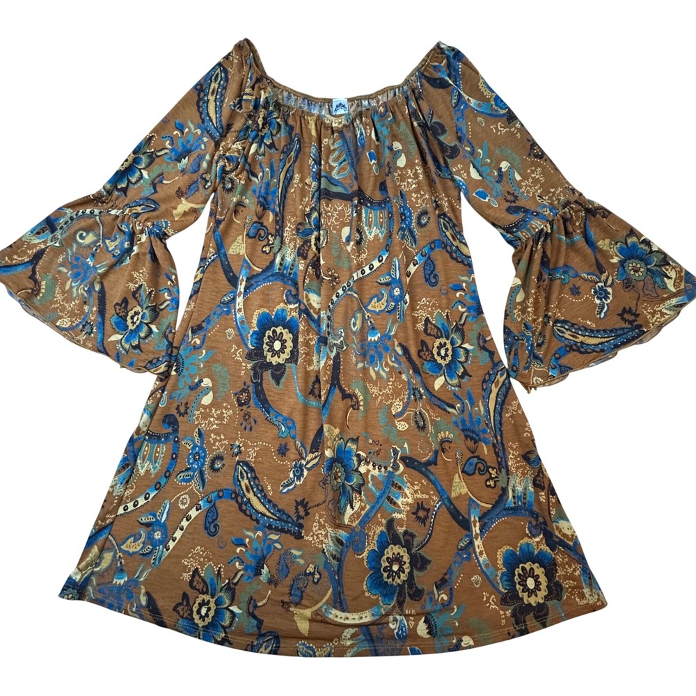 Honeyme Paisley Floral Bell Sleeve Tunic Top Brown Blue Large